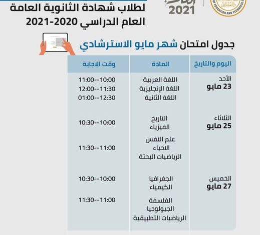 جدول الامتحان التجريبي للصف الثالث الثانوي 2021