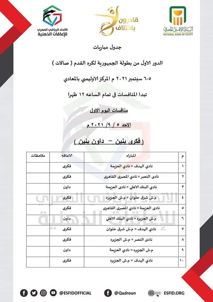 الاتحاد المصري للإعاقات الذهنية يعلن جدول مباريات بطولة الجمهورية لكرة القدم