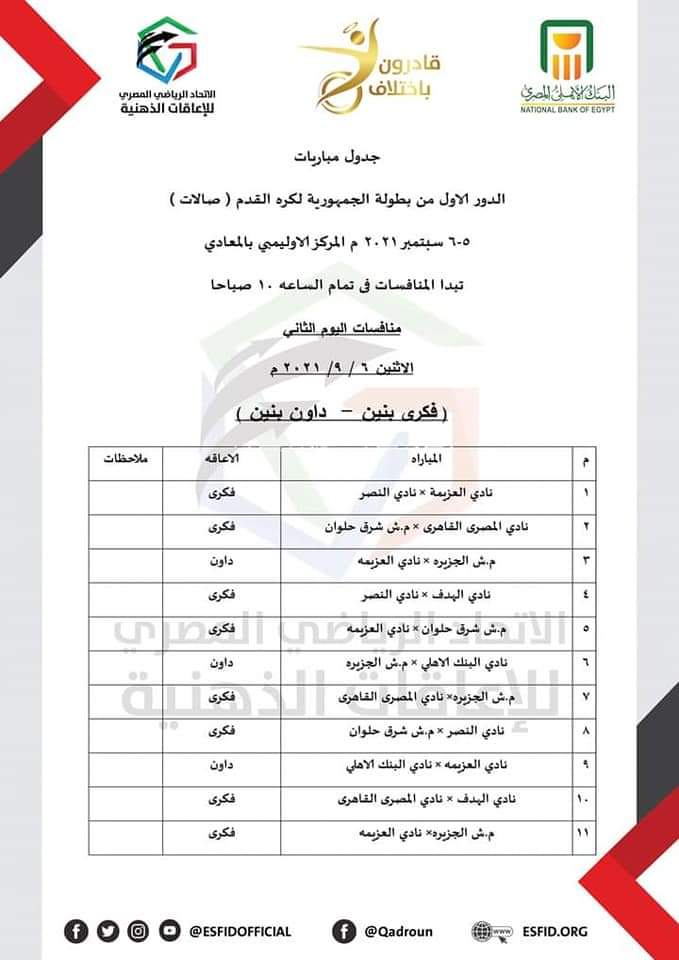 الاتحاد المصري للإعاقات الذهنية يعلن جدول مباريات بطولة الجمهورية لكرة القدم