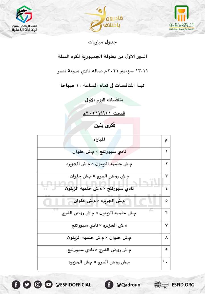 الاتحاد المصرى للإعاقات الذهنية يعلن جدول مباريات بطولة الجمهورية لكره السلة