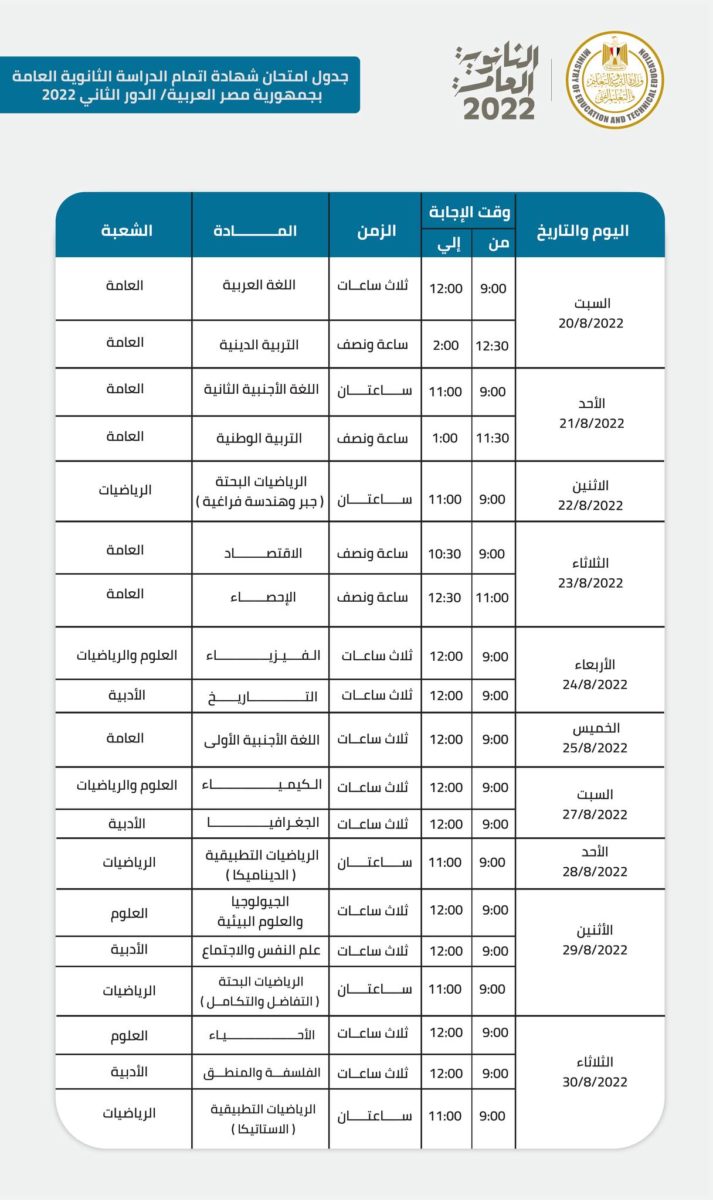 جدول الدور الثانى لامتحانات الثانوية العامة 2022