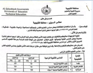 محافظ القليوبية يقرر خفض الحد الأدنى للقبول بمدارس التعليم الفني بأنواعها