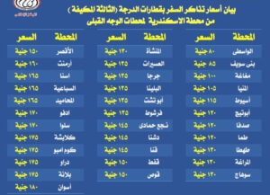 السكة الحديد تعلن عن أسعار تذاكر السفر بقطارات الدرجة الثالثة المكيفة