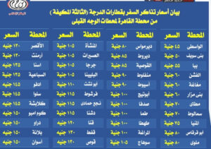 السكة الحديد تعلن عن أسعار تذاكر السفر بقطارات الدرجة الثالثة المكيفة