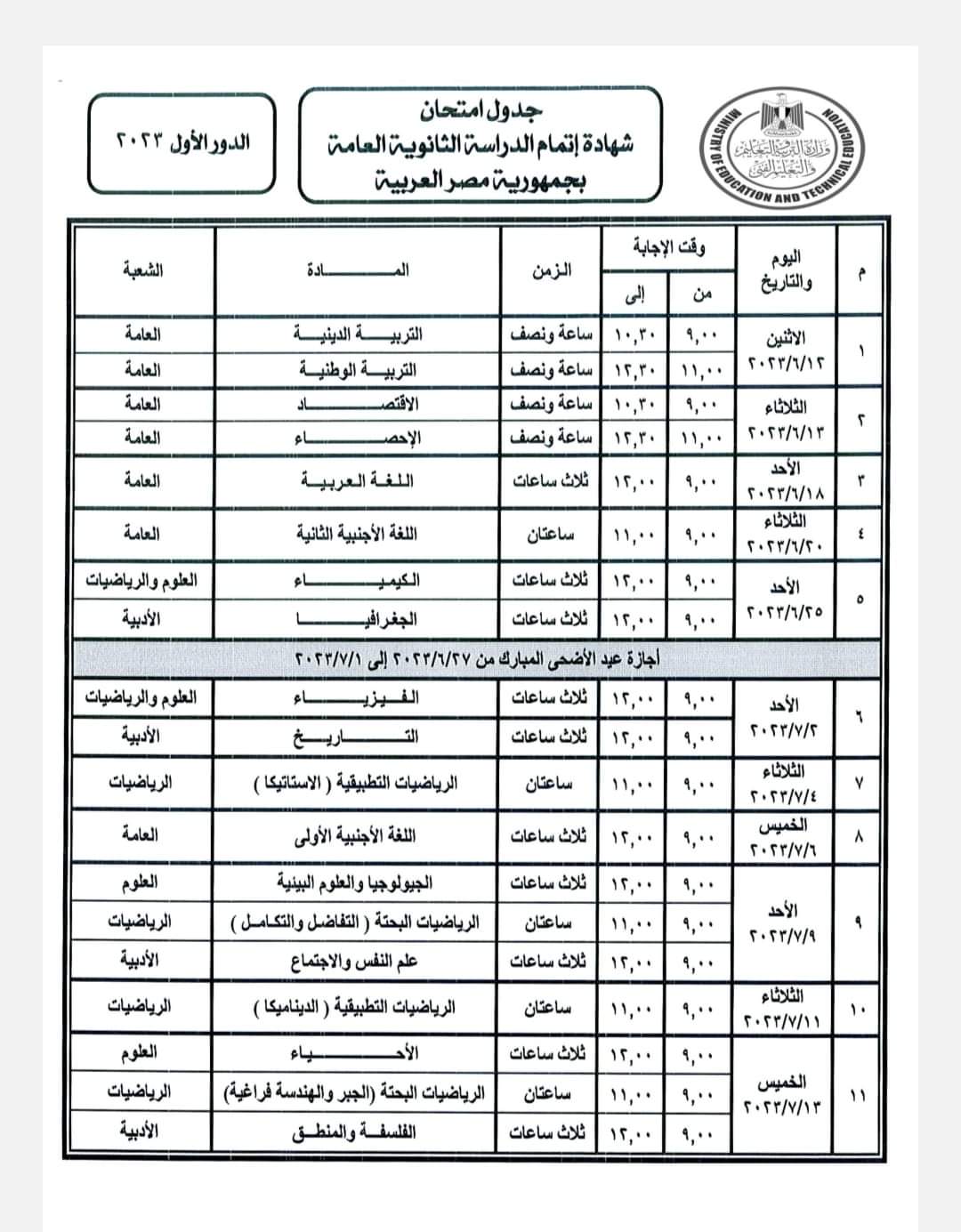 جدول امتحانات الثانوية العامة 2033 ل الطلاب المكفوفين 