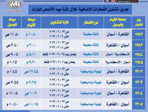 مواعيد القطارات الإضافية خلال فترة عيد الأضحى المبارك