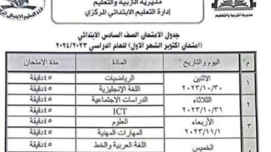 جدول امتحانات شهر أكتوبر للصف السادس الابتدائي 2023