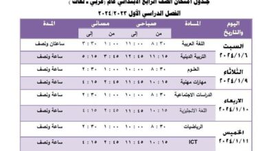 جدول امتحانات الصف الرابع الابتدائي ترم أول 2024