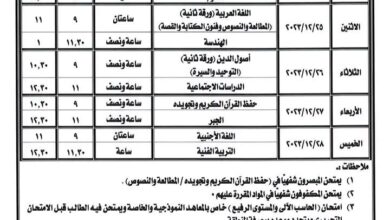 جدول امتحانات الصف الأول الإعدادي الأزهري 2024