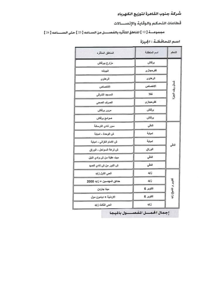 جدول انقطاع الكهرباء الجيزة