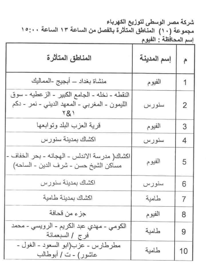 جدول مواعيد قطع الكهرباء في الفيوم