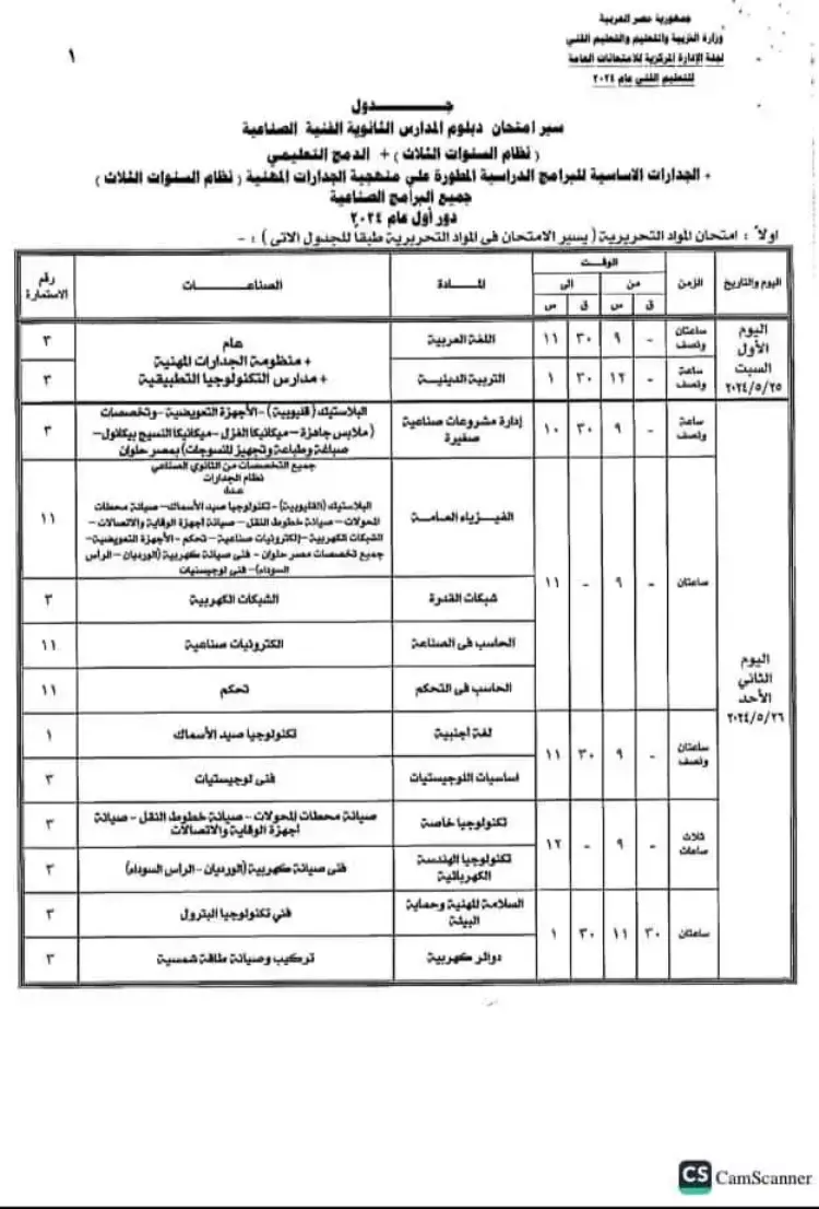 جدول امتحانات الدبلوم الصناعي 2024