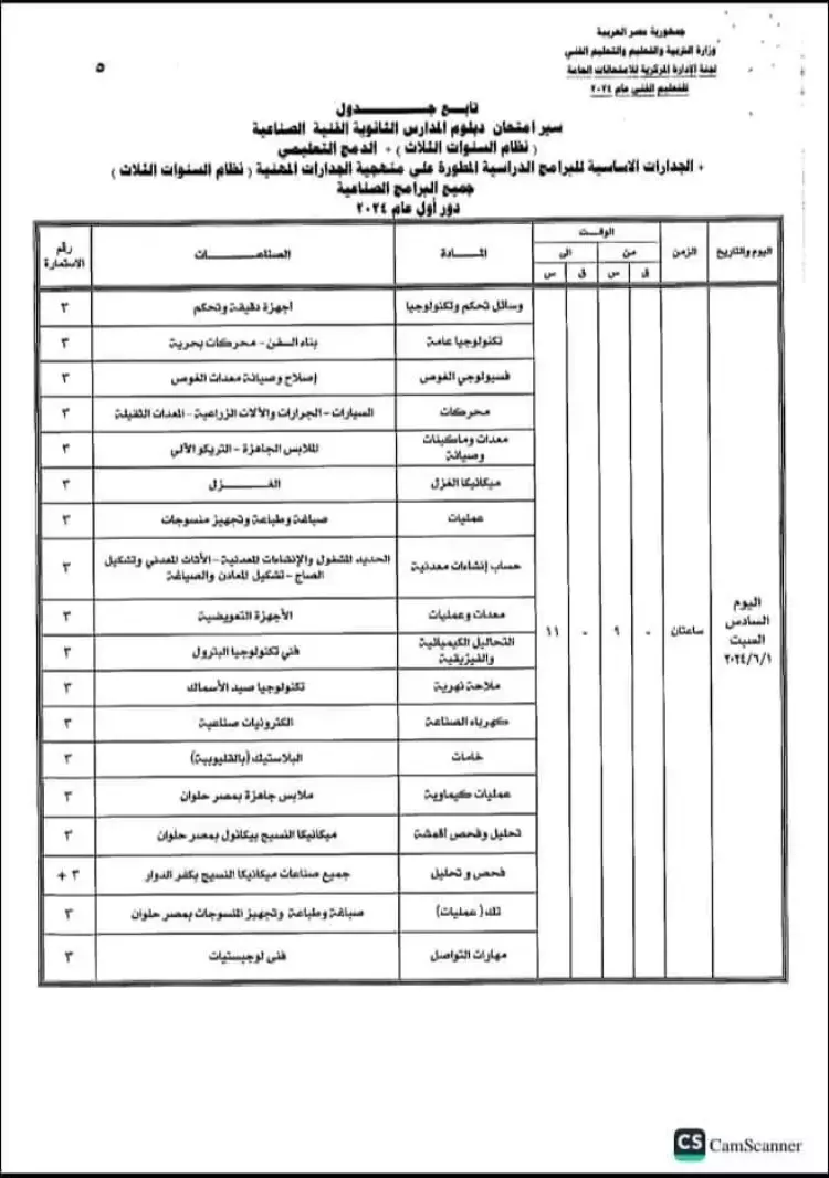 جدول امتحانات الدبلوم الصناعي 2024