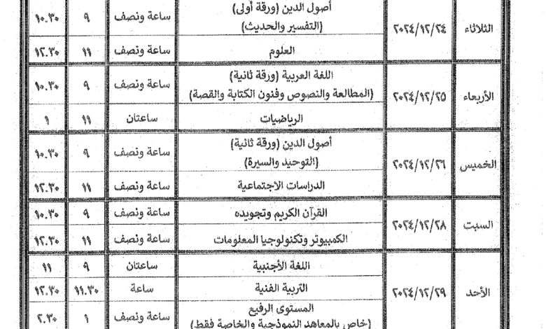 جدول امتحانات الصف الأول الاعدادي الأزهري 2025