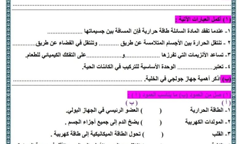 نماذج امتحان علوم للصف السادس الابتدائي الترم الأول 2024