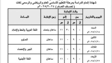 جدول امتحانات تالته اعدادي 2025