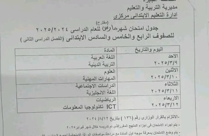 جدول امتحانات شهر مارس 2025 لسنوات النقل في الجيزة