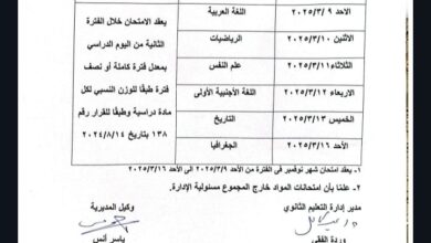 جدول امتحانات شهر مارس 2025 للصف الأول والثاني الثانوي محافظة القاهرة