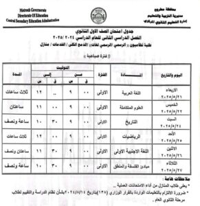 جدول مواعيد امتحانات الترم الثانى أولى و ثانية ثانوى محافظة القاهرة 2025