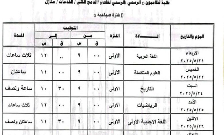 جدول مواعيد امتحانات الترم الثانى أولى و ثانية ثانوى محافظة القاهرة 2025